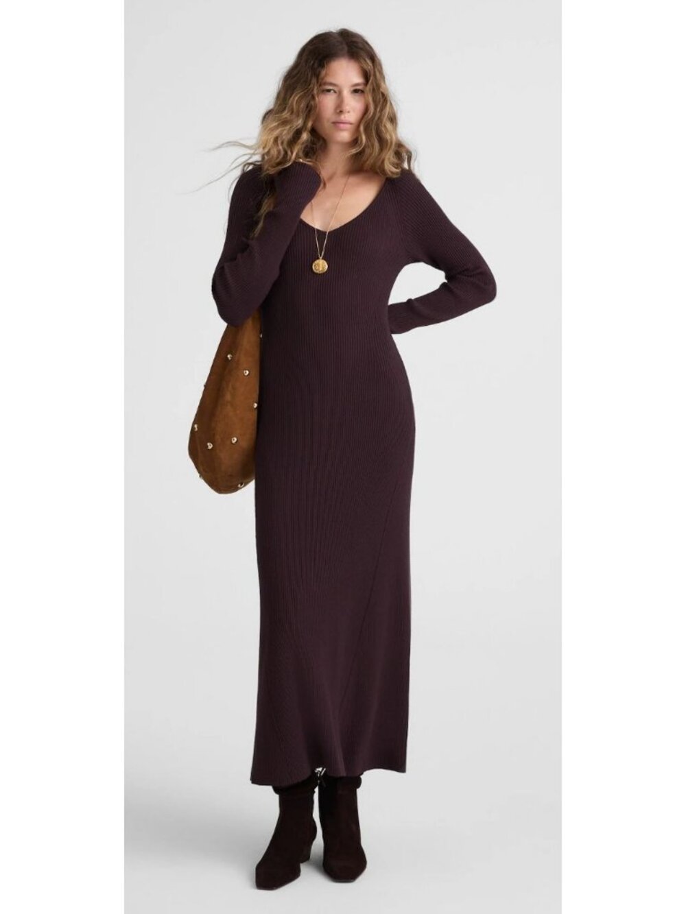 Madewell The Signature Knit V-Neck Midi Dress Women's Size M in Espresso NWT